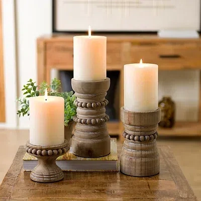 Kirkland's Wood Beaded Pillar Candle Holder In Brown