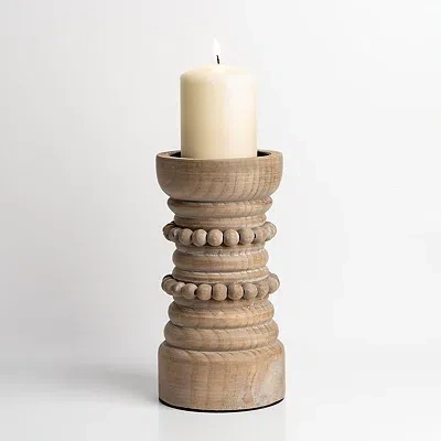 Kirkland's Wood Beaded Pillar Candle Holder In Brown