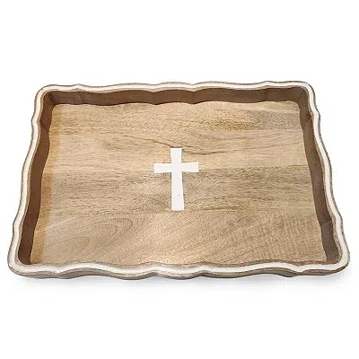 Kirkland's Wood Cross Scalloped Tray In Brown