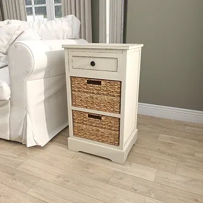 Kirkland's Wood Side Table With Woven Baskets In White