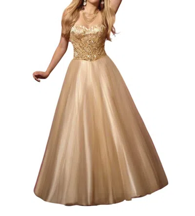 Kiss Kiss Formal Beaded Bodice Tulle Ball Gown In Golden Sand In Multi