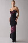 Kiss The Sky Alessandra Spliced Flocked Floral+ Lace Slip Maxi Dress In Wine, Women's At Urban Outfitters In Multi