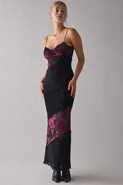 Kiss The Sky Alessandra Spliced Flocked Floral+ Lace Slip Maxi Dress In Wine, Women's At Urban Outfitters In Multi