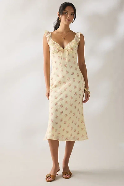 Kiss The Sky Belle Floral Chiffon Ruffle Slip Midi Dress In Light Yellow, Women's At Urban Outfitters In Multi