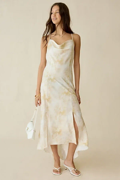 Kiss The Sky Botanical Printed Satin High-low Maxi Dress In Lemon, Women's At Urban Outfitters In Animal Print