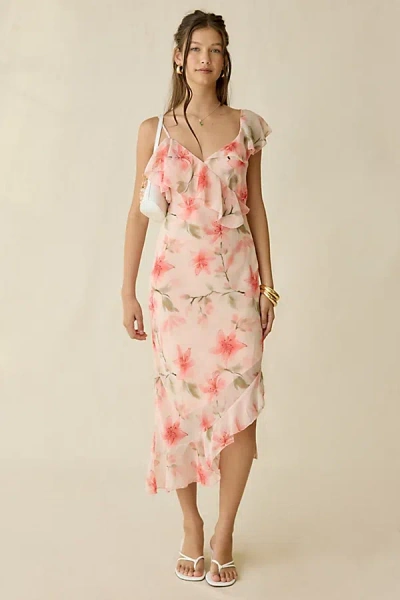 Kiss The Sky Carrie Asymmetric Ruffle Chiffon Midi Dress In Coral, Women's At Urban Outfitters In Pattern