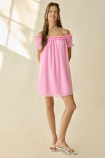 Kiss The Sky Delaney Ruffle Off-the-shoulder Swing Mini Dress In Pink, Women's At Urban Outfitters In Metallic
