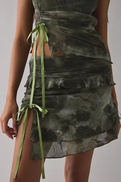 Kiss The Sky Euphoria Asymmetric Ruched Mesh Mini Skirt In Green, Women's At Urban Outfitters