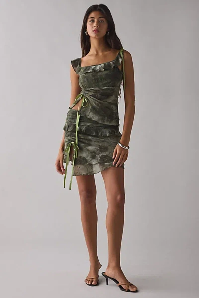 Kiss The Sky Euphoria Asymmetric Ruched Mesh Tank Top In Green, Women's At Urban Outfitters