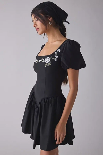Kiss The Sky Floral Embroidered Puff Sleeve Open Bow-back Mini Dress In Black, Women's At Urban Outfitters