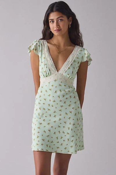 Kiss The Sky Green Floral Satin V-neck Lace Trim Mini Dress In Green, Women's At Urban Outfitters