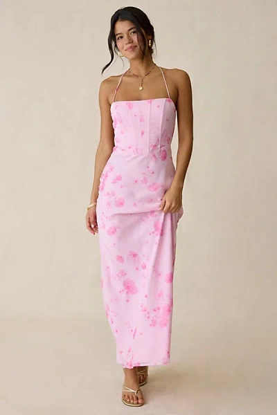 Kiss The Sky Ingrid Open Tie-back Corset Maxi Dress In Pink, Women's At Urban Outfitters
