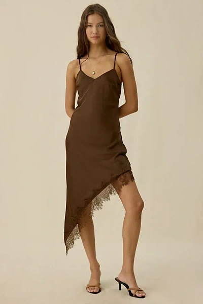 Kiss The Sky Jazmin Asymmetric Lace Trim Slip Midi Dress In Chocolate, Women's At Urban Outfitters In Brown
