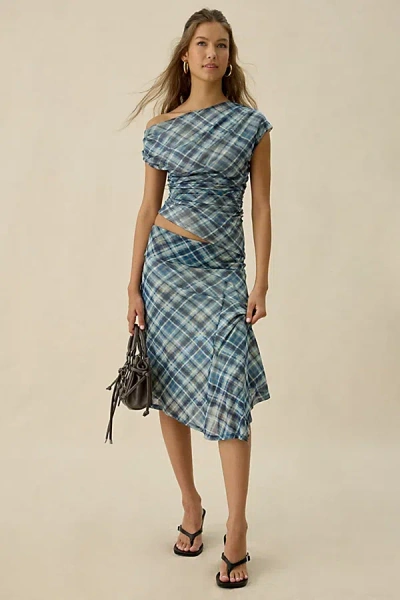 Kiss The Sky Jeanie Asymmetric Hanky Hem Mesh Midi Skirt In Blue, Women's At Urban Outfitters