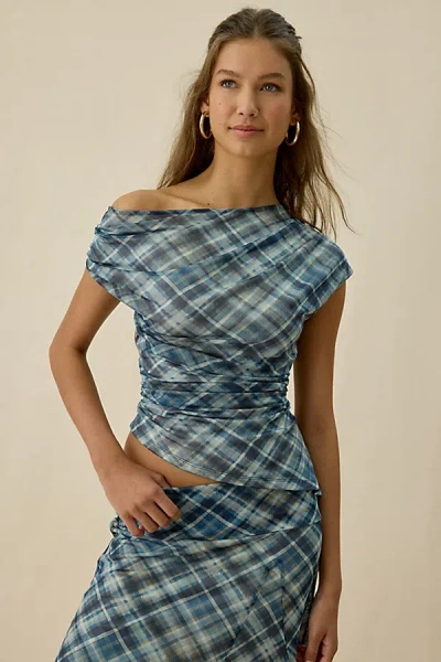 Kiss The Sky Jeanie Asymmetric Off-shoulder Mesh Top In Blue, Women's At Urban Outfitters