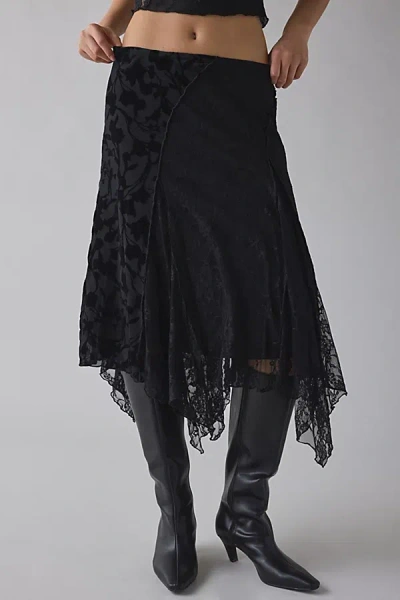Kiss The Sky Marais Spliced Lace Hanky Hem Midi Skirt In Black, Women's At Urban Outfitters