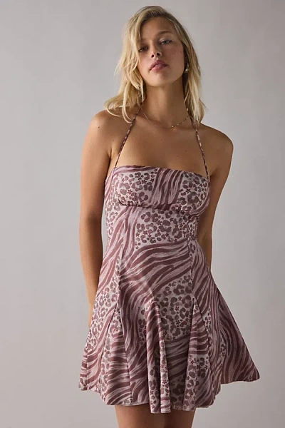 Kiss The Sky Mixed Animal Print Fit-and-flare Halter Mini Dress In Maroon, Women's At Urban Outfitters In Multi