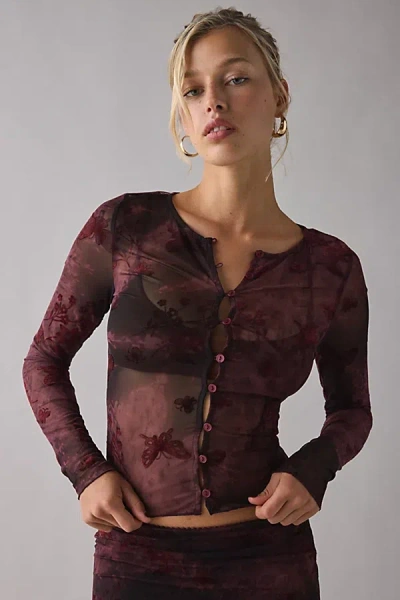 Kiss The Sky Reya Button Up Long Sleeve Sheer Mesh Top In Maroon, Women's At Urban Outfitters In Brown