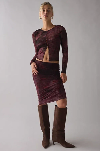 Kiss The Sky Reya Low-rise Mesh Slip Midi Skirt In Maroon, Women's At Urban Outfitters In Burgundy