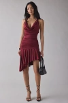 Kiss The Sky Ruby Ruched Asymmetric Cowl Neck Halter Midi Dress In Maroon, Women's At Urban Outfitters In Burgundy