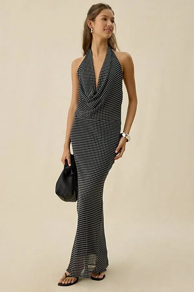 Kiss The Sky Sirena Plunging Cowl Neck Polka Dot Maxi Dress In Black/white, Women's At Urban Outfitters