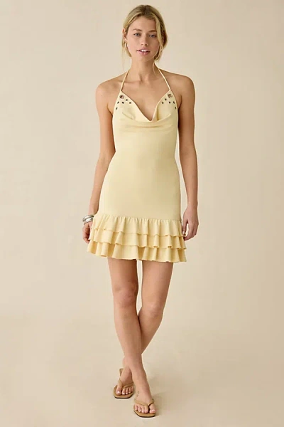 Kiss The Sky Starlet Grommet Studded Halter Neck Mini Dress In Light Yellow, Women's At Urban Outfitters In Orange