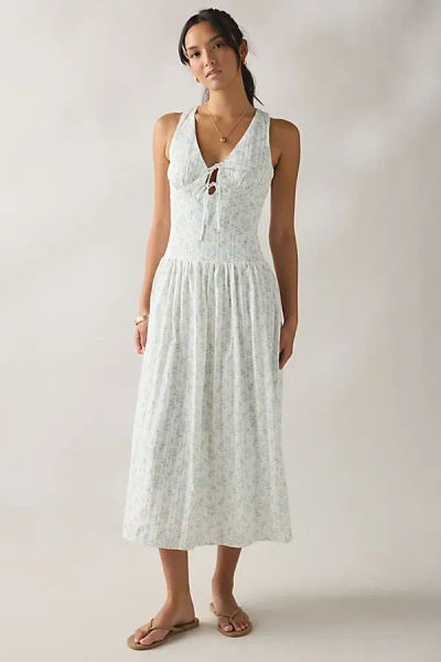Kiss The Sky Summer Breeze Drop Waist Midi Dress In Blue Floral, Women's At Urban Outfitters In White