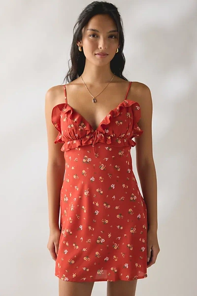Kiss The Sky Uma Ruffle Floral Slip Mini Dress In Red, Women's At Urban Outfitters