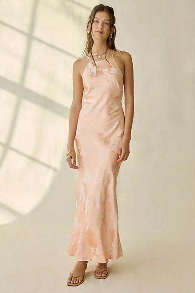 Kiss The Sky Yasmin Satin Jacquard Open-back Halter Maxi Dress In Peach, Women's At Urban Outfitters In Orange