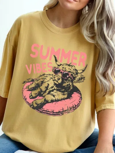 Kissed Apparel Summer Vibes Highland Cow Graphic Tee In Mustard In Brown
