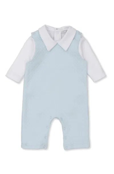 Kissy Kissy Collared Bodysuit & Jacquard Overalls Set In Light Blue/white