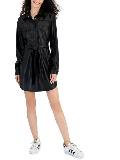 Kit & Sky Womens Faux Leather Short Shirtdress In Black