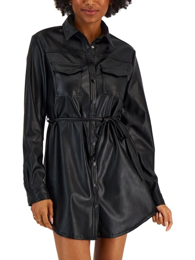 Kit & Sky Womens Faux Leather Snap Front Shirtdress In Black