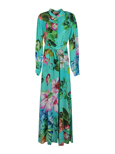 Kitagi® Floral Print Silk Crepe Long Dress In Blue