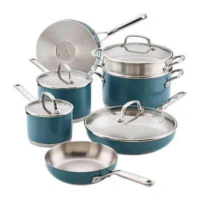 Kitchenaid Color-finished Stainless Steel Agave 3-ply Base 11-pc. Stainless Steel Cookware Set In Blue