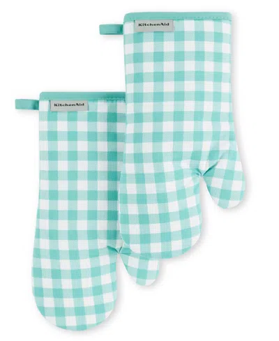 Kitchenaid Gingham Oven Mitt 2-pack Set, 7" X 13" In Aqua Sky