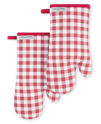 Kitchenaid Gingham Oven Mitt 2-pack Set, 7" X 13" In Passion Red