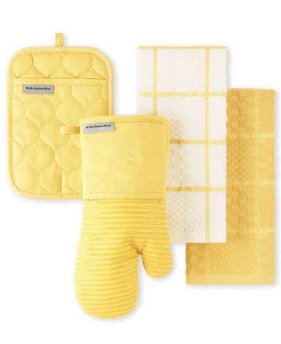 Kitchenaid Quilted Cotton Terry Cloth Kitchen Towel, Oven Mitt, Potholder 4-pack Set, In Yellow