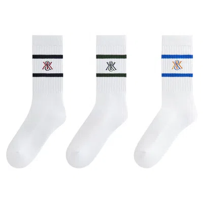 Pre-owned Kith 3-pack K Crest Striped Cotton Crew Socks 'white' | Men's Size Onesize