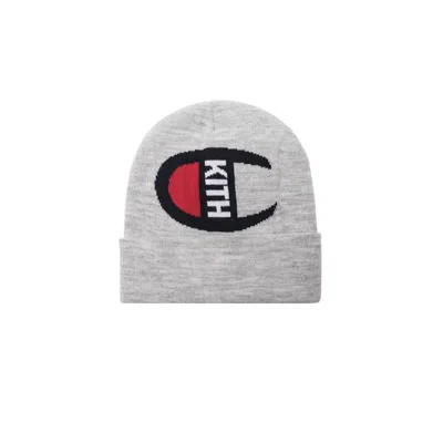 Pre-owned Kith Champion Intarsia Logo Beanie In Heather Grey In Gray