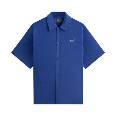 Pre-owned Kith Cupro Linen Short-sleeve Boxy Collared Overshirt 'current' | Blue | Men's Size L