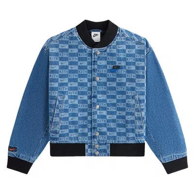 Pre-owned Kith For Nike Denim Laser Etched Varsity Jacket 'mystic Navy' | Blue | Kid's Size Xl