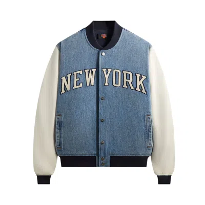 Pre-owned Kith For The New York Knicks Denim Marvin Bomber 'medium Indigo' | Blue | Men's Size L