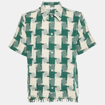 Pre-owned Kith Green/cream Jumbo Houndstooth Canvas Short Sleeve Overshirt L