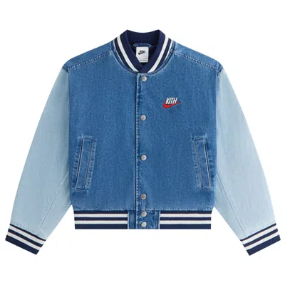 Pre-owned Kith Kids For Nike Denim Varsity Jacket 'mystic Navy' | Blue | Kid's Size Xl