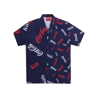 Pre-owned Kith Men's  X Cocacola Printed Camp Collar Shirt In Navy Blue