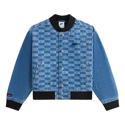 Kith (ps)  X Nike Denim Laser Etched Varsity Jacket 'mystic Navy' In Blue