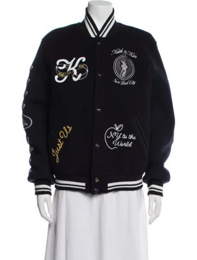 Pre-owned Kith Virgin Wool Graphic Print Bomber Jacket In Blue