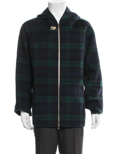 Pre-owned Kith Wool Plaid Print Puffer Coat In Blue