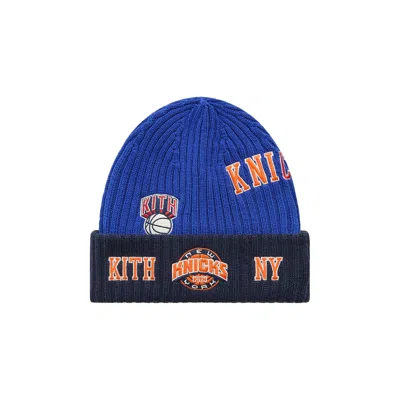 Pre-owned Kith X New Era For The New York Knicks All Over Patches Knit Beanie 'royal' | Blue | Men's Size Ones